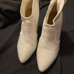 Elegant White Rhinestone Heeled Boots
